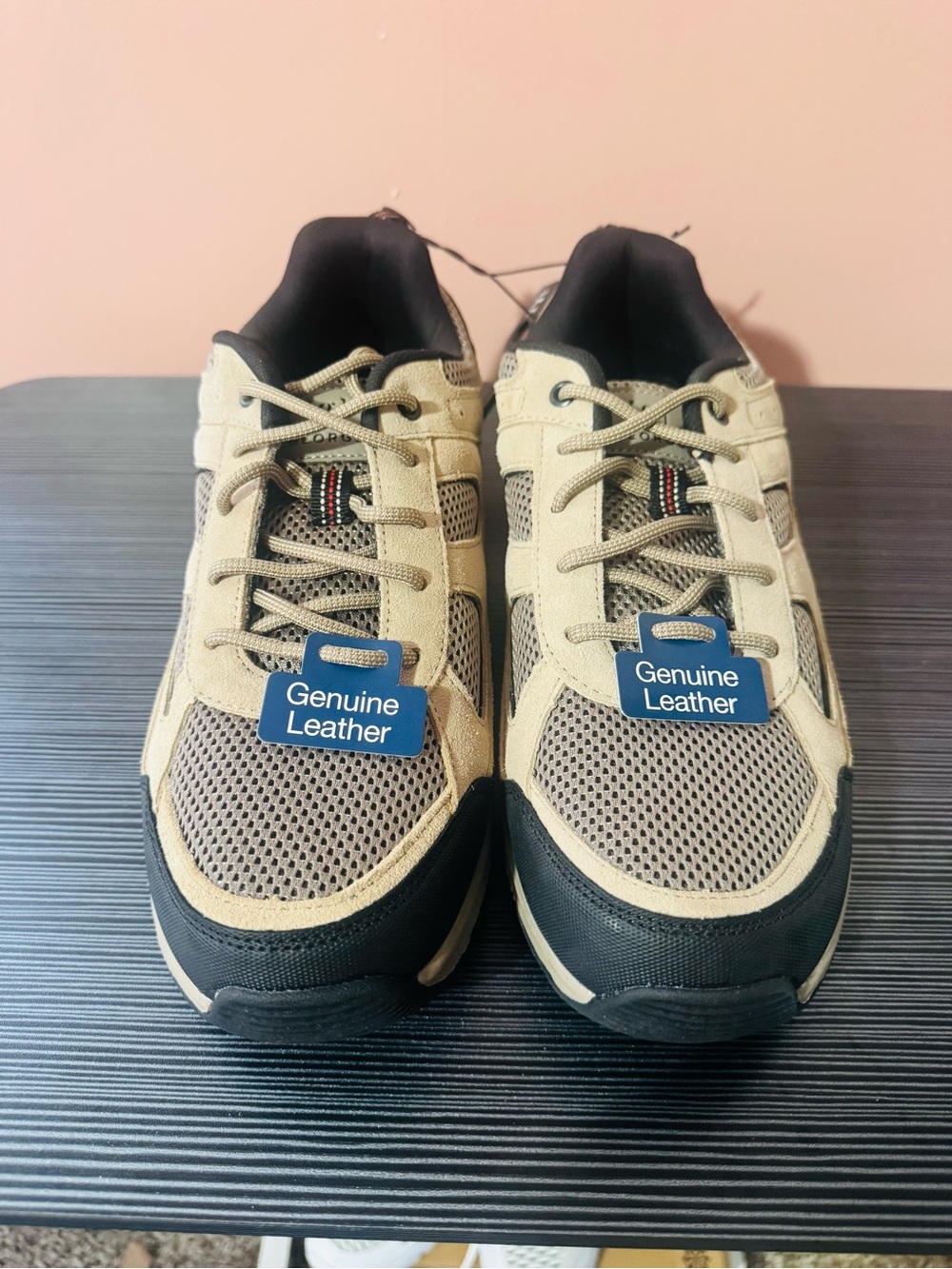 George Beige and Black Mesh-Panel Walking Sneakers